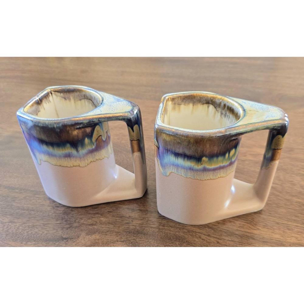 VTG Set Of 2 Rodolfo Padilla Square Edge Iridescent Drip Glaze 10oz Coffee Mugs